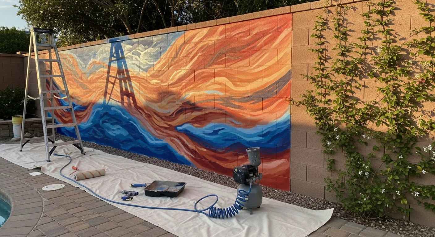 Custom mural painted on pool enclosure wall