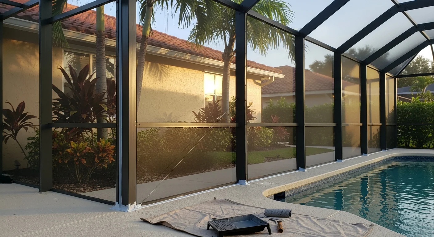 Renovated pool enclosure with fresh paint and privacy screens