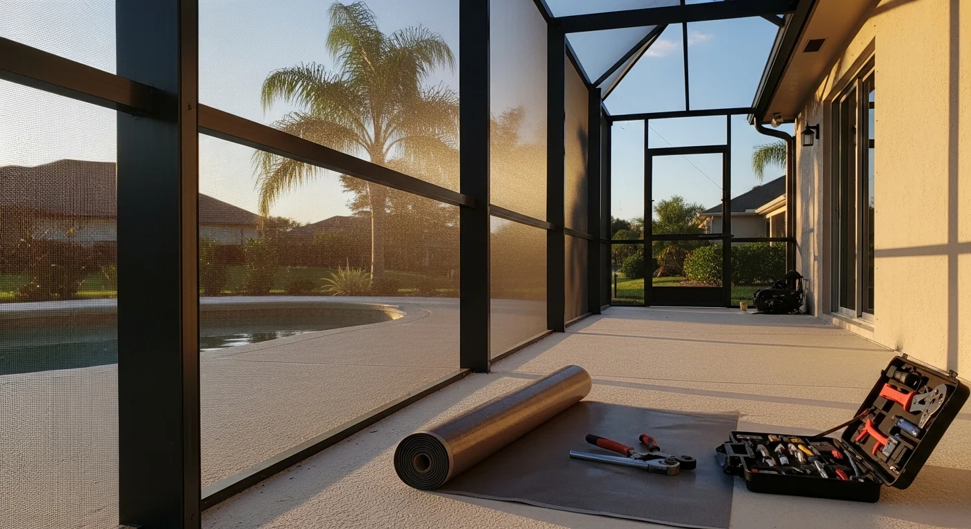 Professional screen installation on a residential pool enclosure