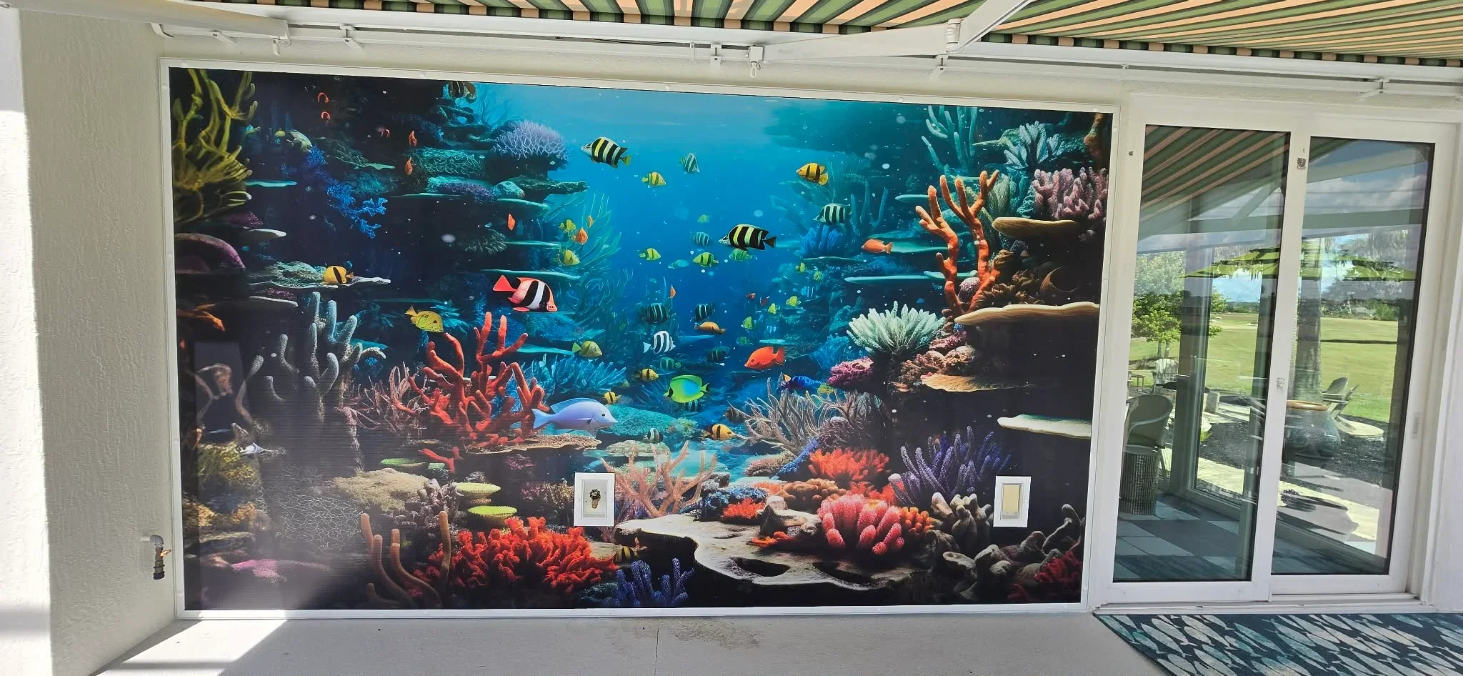 Custom coral reef mural on exterior screen panel with tropical fish and colorful corals