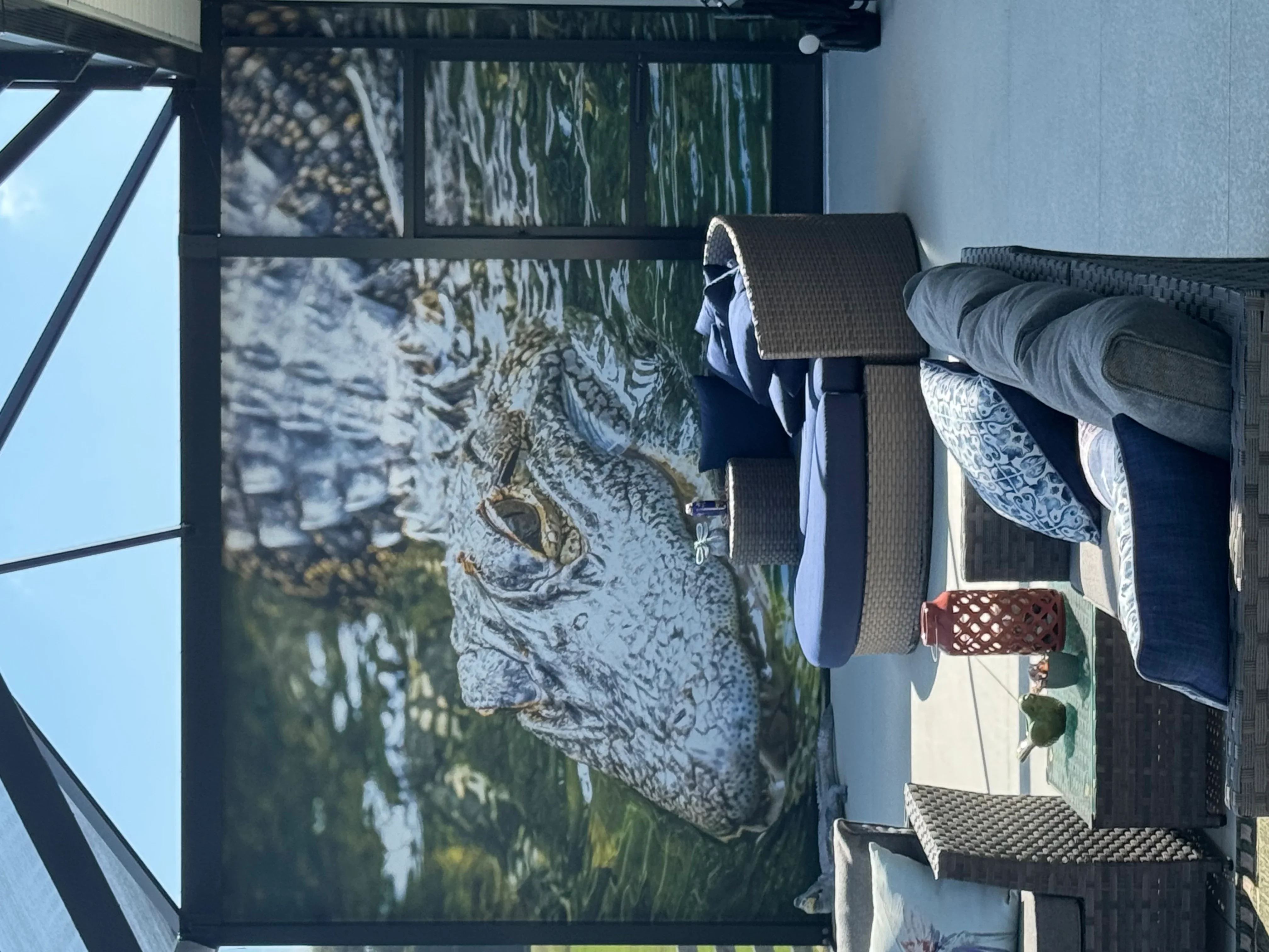 Black aluminum screen frame with woven mesh panels on patio area