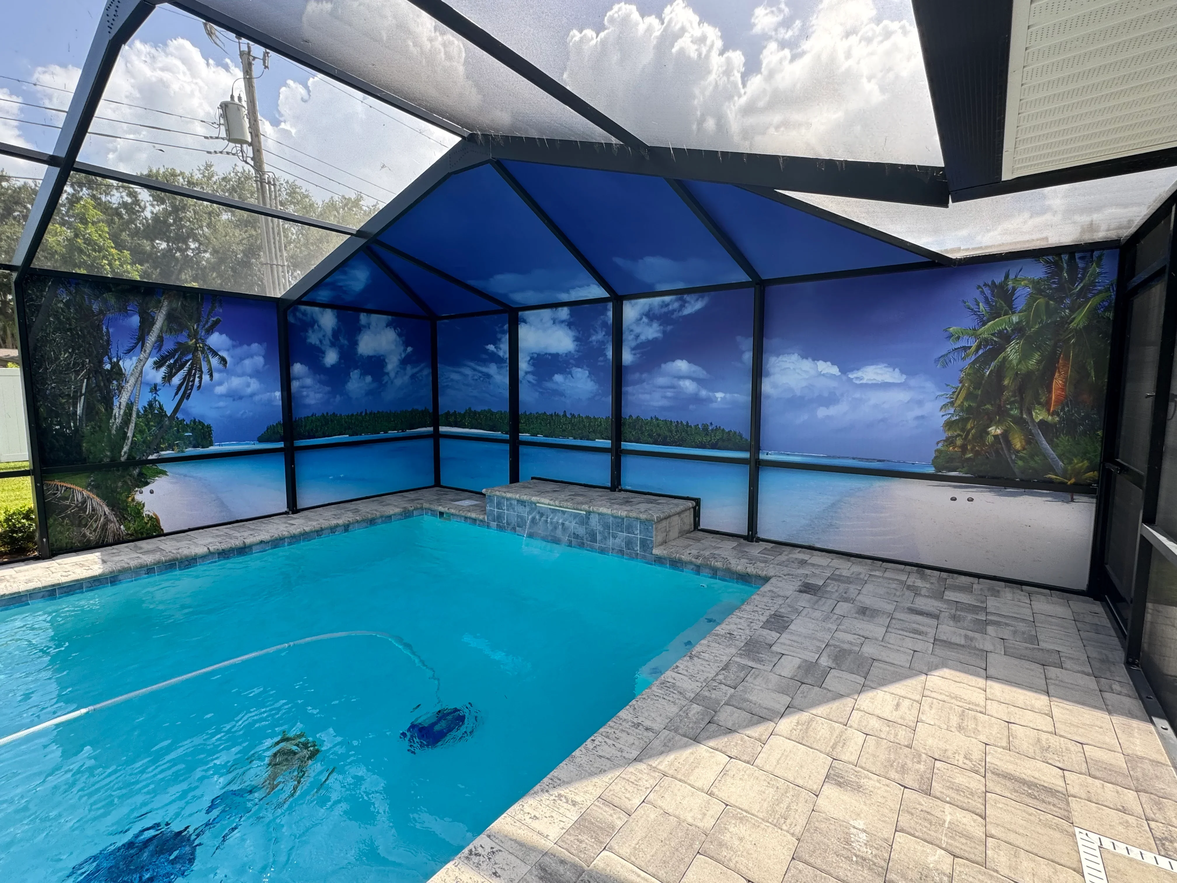 Pool enclosure with black aluminum frame, tropical mural walls, and retractable shade screens