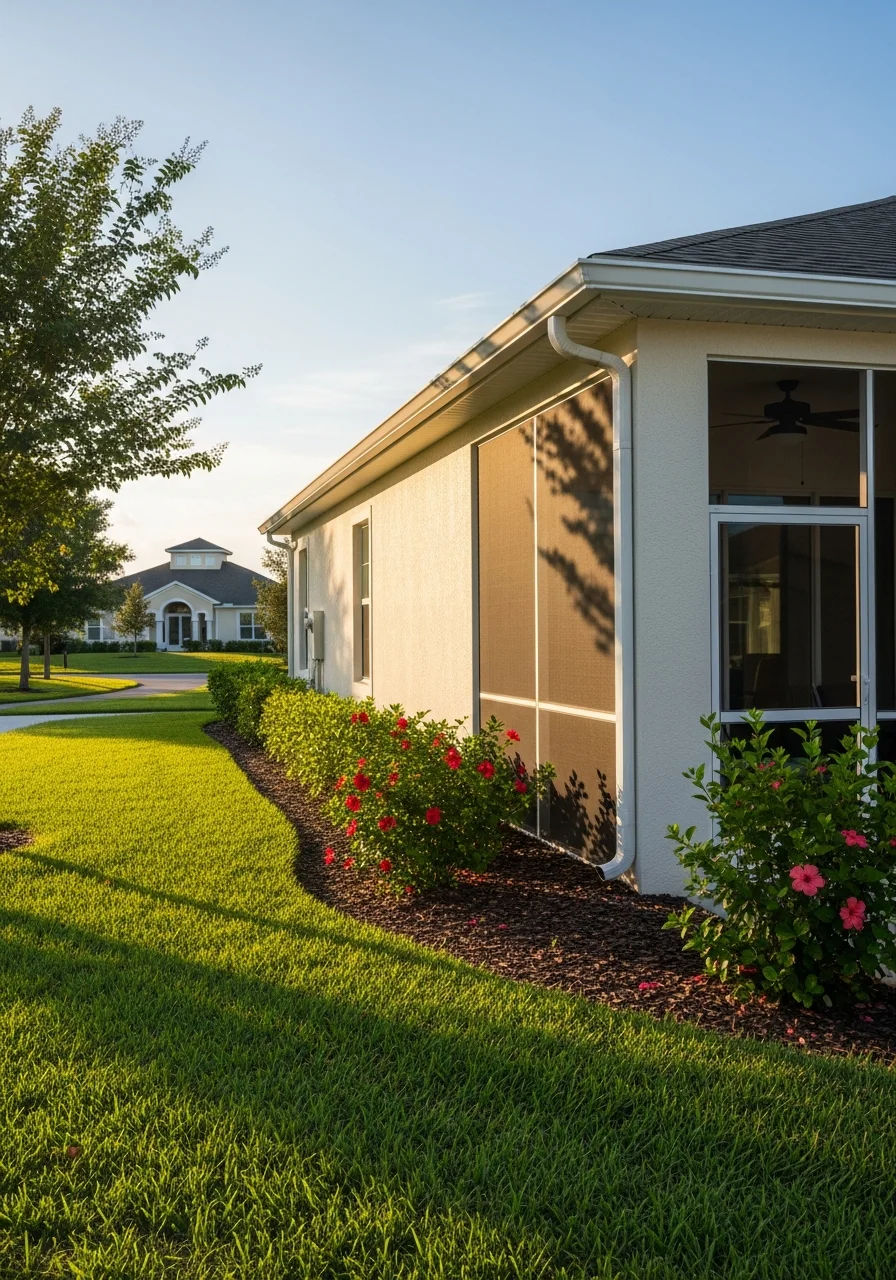 Close-up of a well-maintained home exterior in The Villages with manicured landscaping and community amenities visible in background.