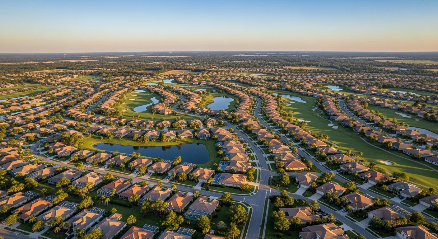 Aerial view of The Villages master-planned community with golf courses, tree-lined streets, and residential neighborhoods under blue sky.