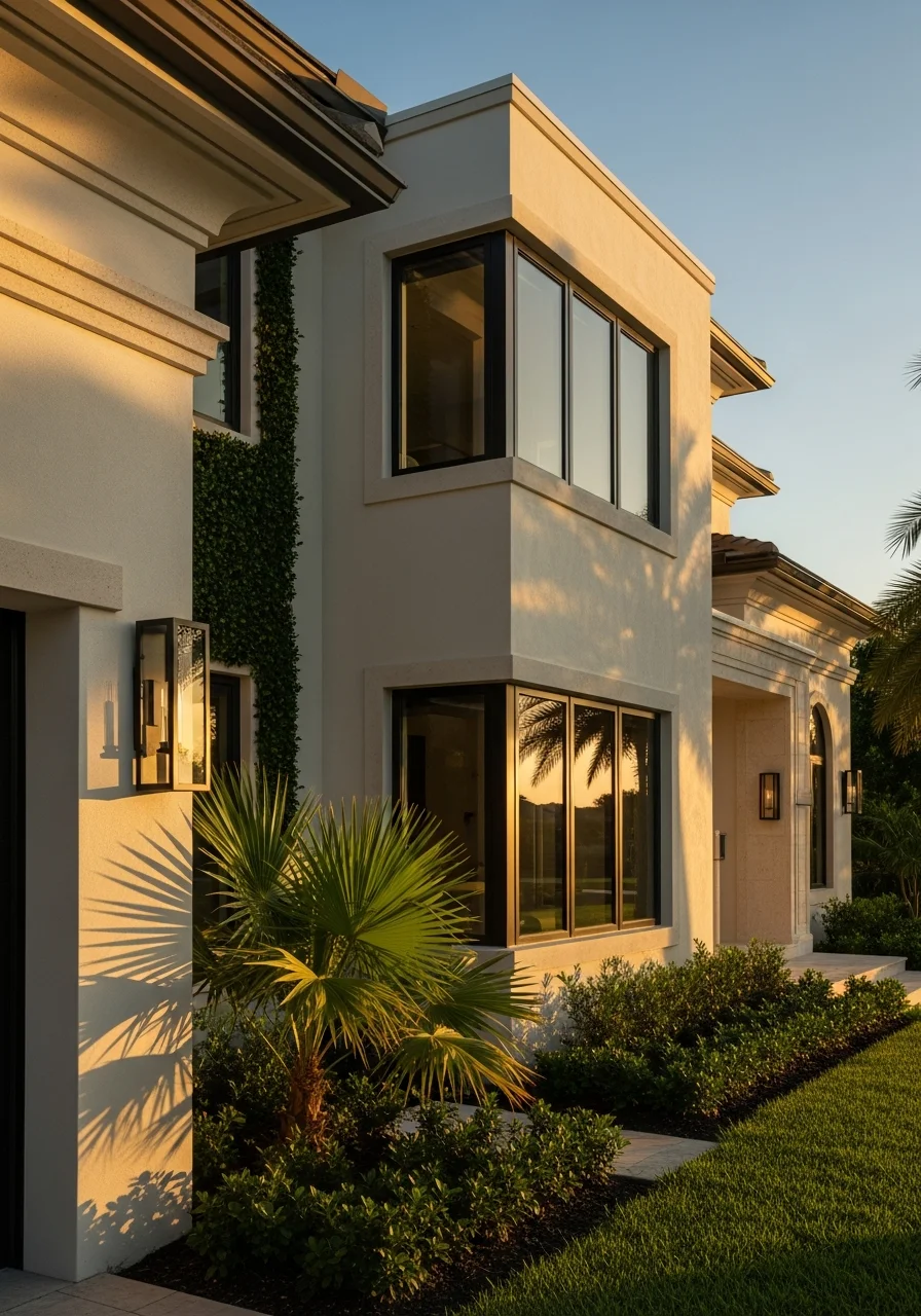 Upscale West Palm Beach home exterior with manicured landscaping, modern finishes, and typical South Florida residential design.