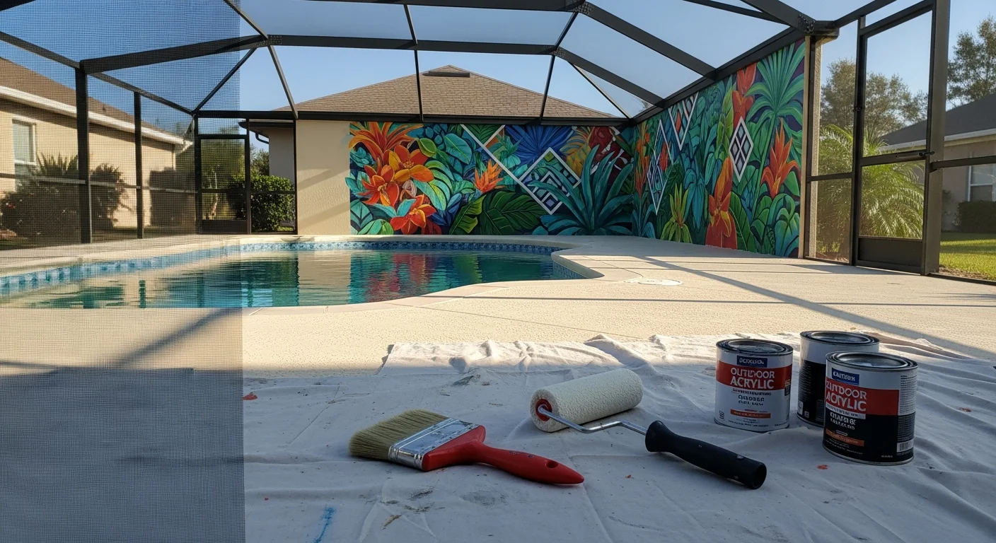 A custom hand-painted outdoor mural covering the interior wall of a pool screen enclosure at a residential home in The Villages, Florida. The mural features a Florida-themed nature scene with bold colors and a sealed finish, visible from the pool deck on a sunny day.