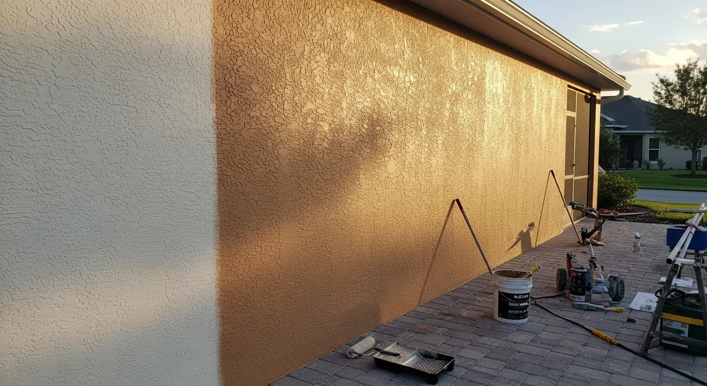 A finished outdoor lanai wall in The Villages, Florida showing a smooth decorative wall finish applied to a screen enclosure exterior. The surface shows even color and texture against a Florida courtyard setting.