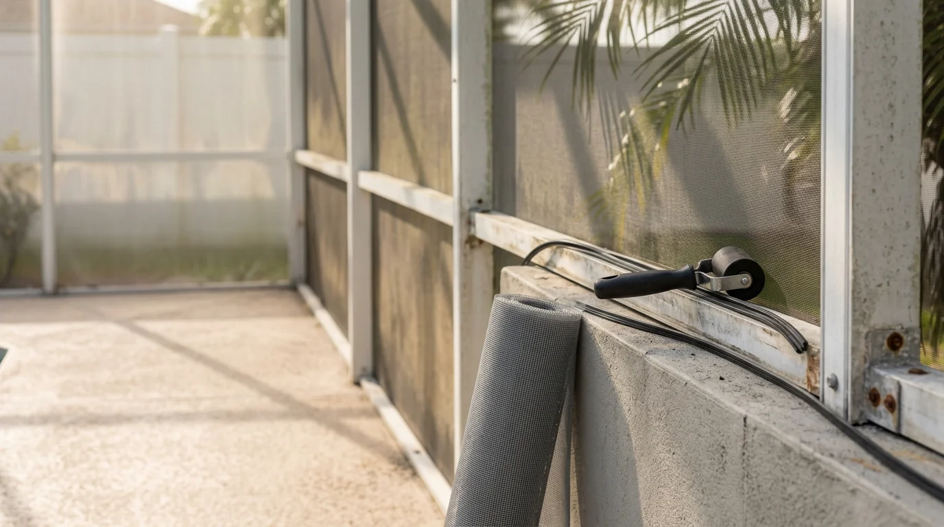 A repaired lanai screen enclosure on a Florida home in The Villages, showing taut, damage-free mesh panels and secure framing. The outdoor space is visible through the screen, open and unobstructed.