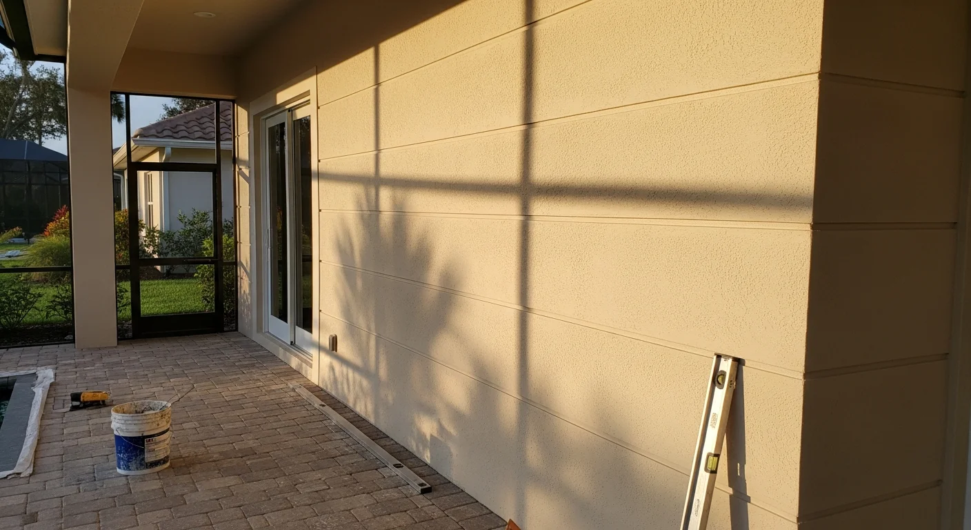 A finished outdoor feature wall on a lanai at a home in The Villages, Florida, showing clean lines and weather-resistant exterior wall materials. The wall adds visual definition and privacy to the outdoor living space alongside a screened enclosure.