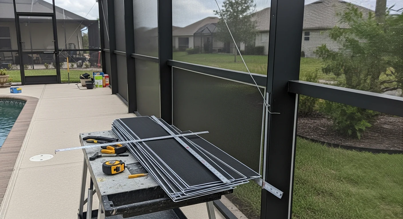A pool enclosure in The Villages, FL with fitted privacy screens installed along the lower side panels, blocking the view from an adjacent property while the pool and lanai area remain open above. The aluminum frame and screen mesh are clean and flush with the existing cage structure.