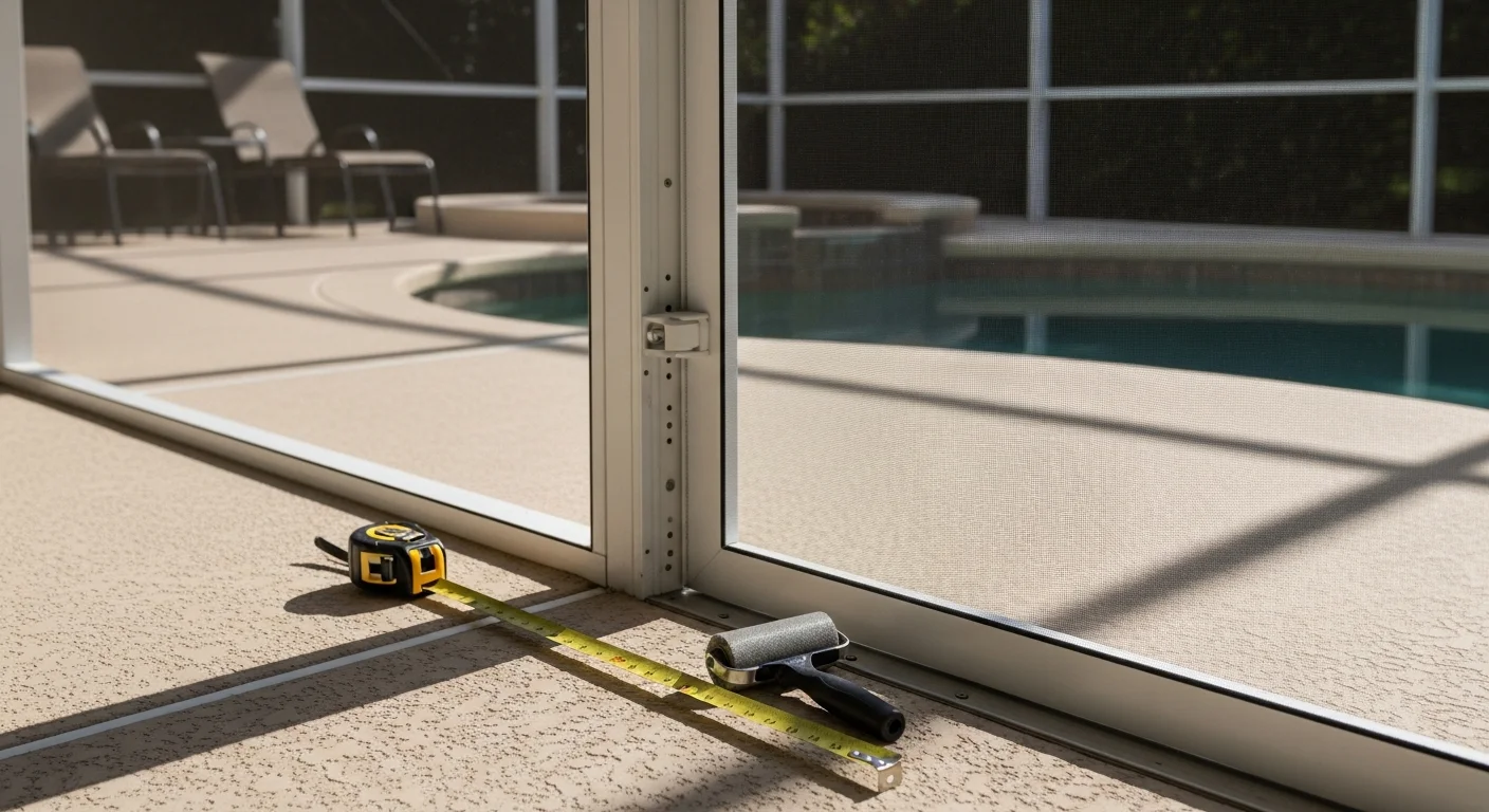 A newly installed screen door on a lanai enclosure at a single-family home in The Villages, FL, with a clean aluminum frame, taut mesh, and a latched handle visible in the foreground. The surrounding pool enclosure panels are intact, showing the door flush and square within the existing frame.