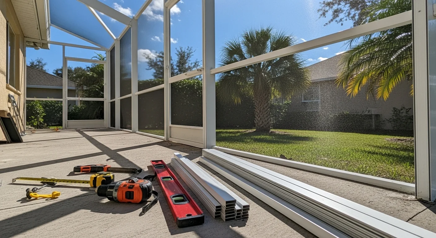 A newly installed aluminum-framed screen enclosure surrounding a residential pool in The Villages, Florida. The screen panels are taut and evenly tensioned, with a screened door visible on the near side and a lanai slab visible in the background.