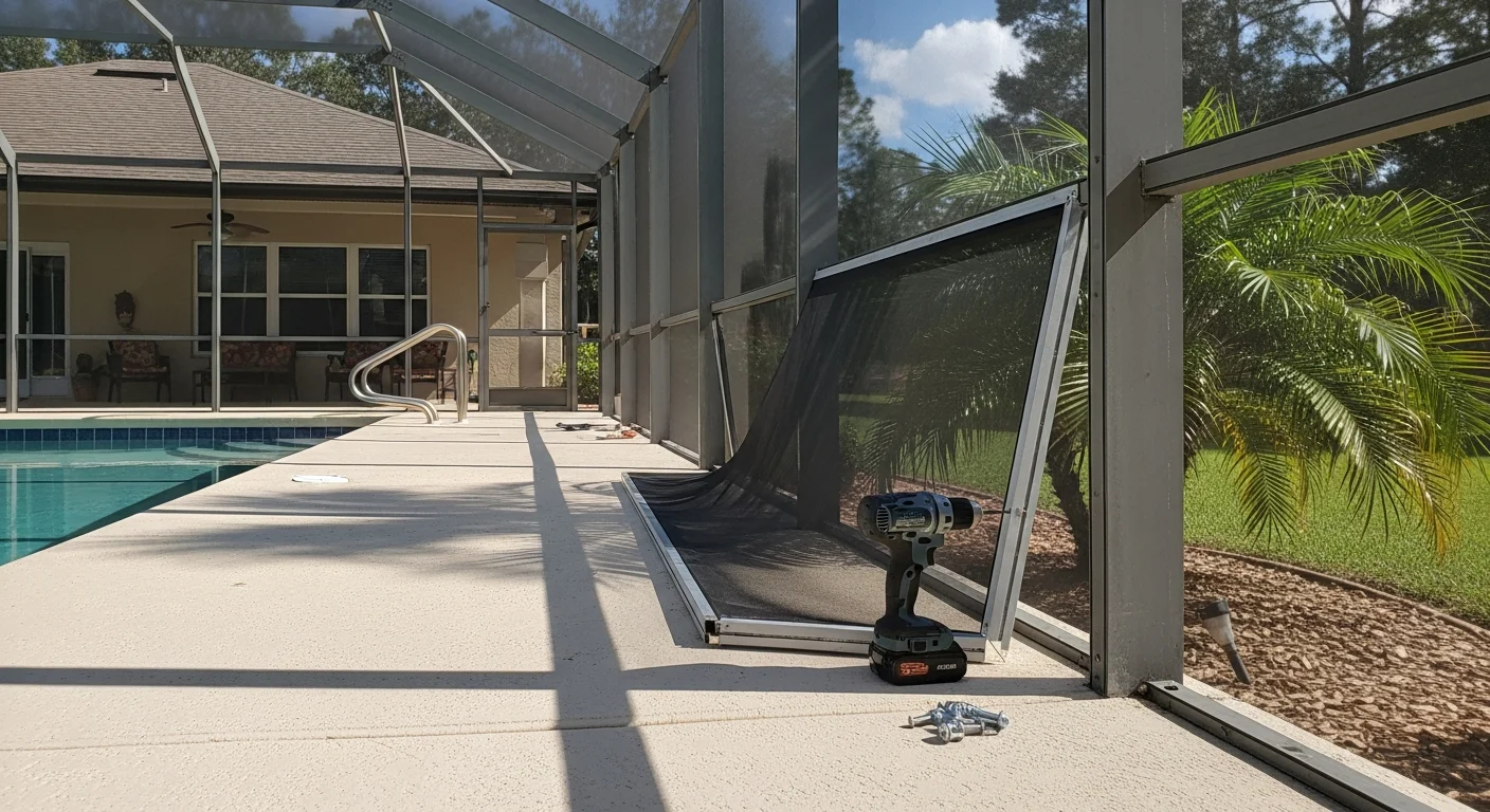 A pool enclosure at a residential home in The Villages, FL with newly installed sun protection screens blocking direct afternoon sunlight on the pool deck. The screened panels are taut and evenly fitted within the aluminum frame, with the pool and surrounding patio visible through the screen.
